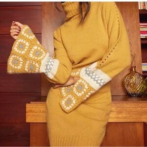 Lulu's Mustard Knit Dress with Patterned Sleeves